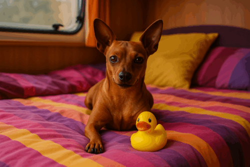 Zwergpinscher-mit-gelber-Ente